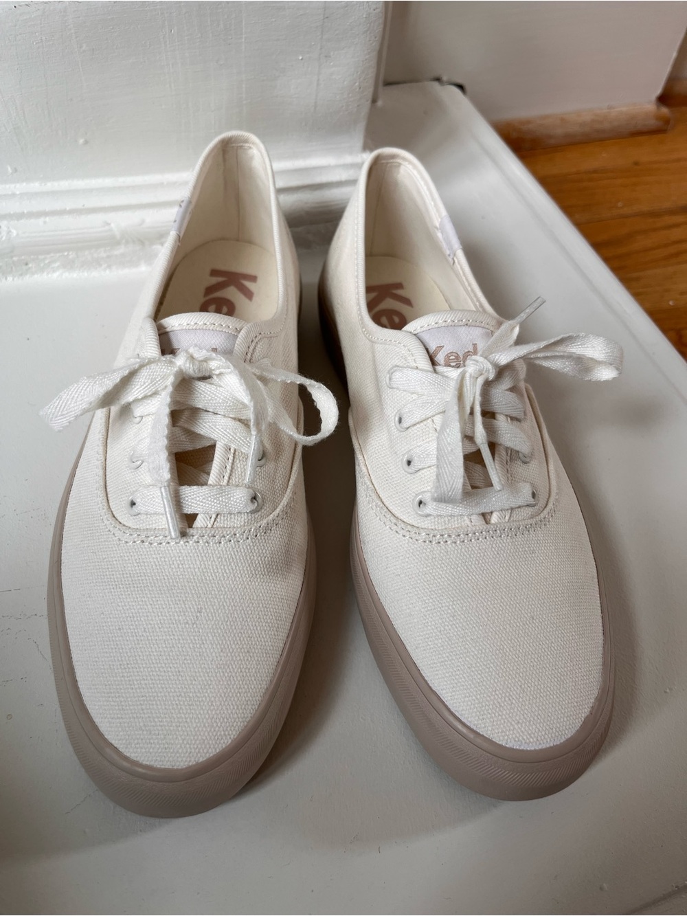 Keds Women's Off-White Canvas Low Profile Lace-Up Sneakers with Taupe Sole - Picture 6 of 7